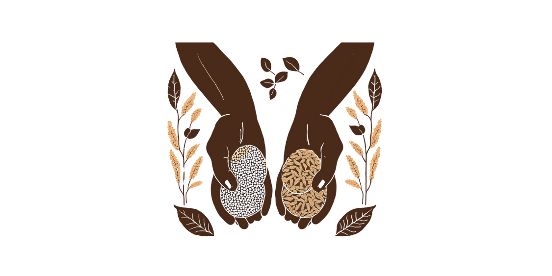 Illustration of hands with corn and seeds